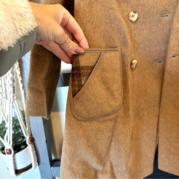 Super Wool Italian Origin Girls Pea Coat Camel Brown And Plaid - Picture 2 of 5